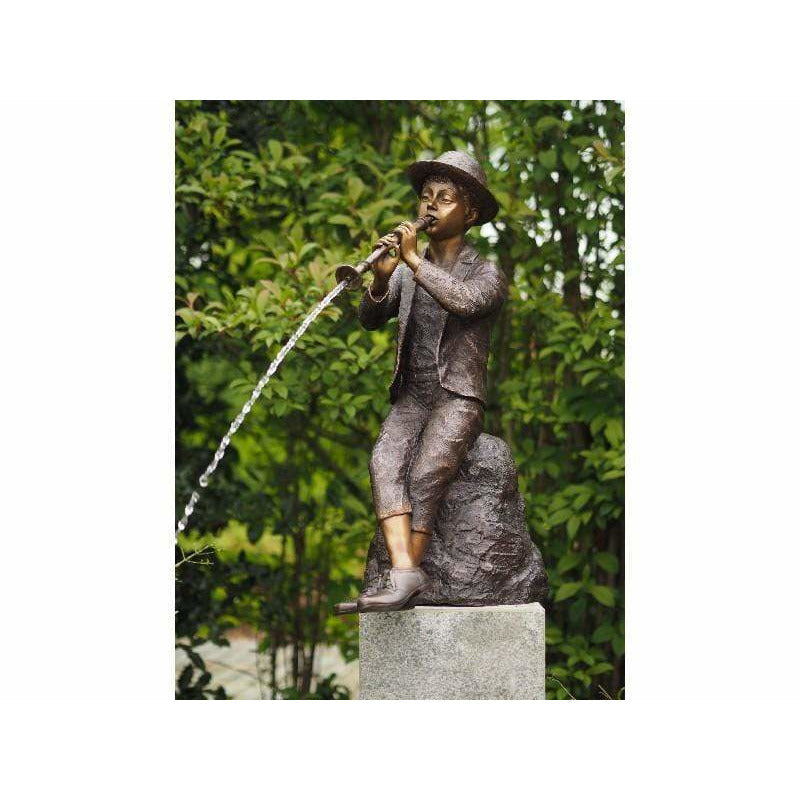 Thermobrass Bronzes de jardin Statue en bronze d'un garçon debout qui joue de la flûte - JOHN AN0603BR-B-F