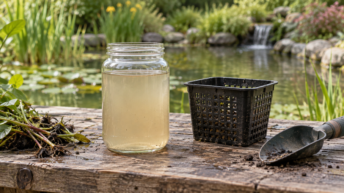 Illustration d’un échantillon d’eau trouble près d’un panier de plantation