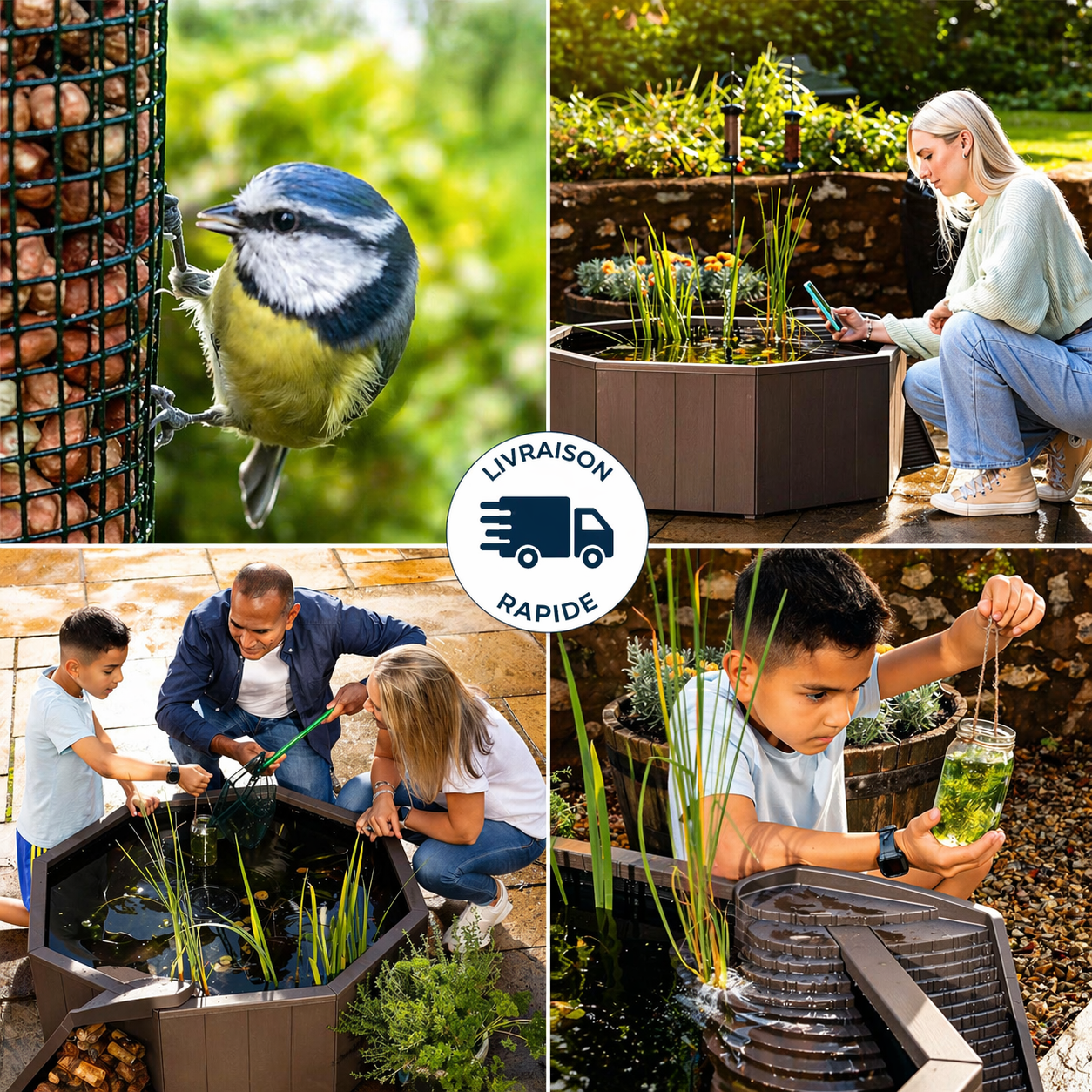 Bassin hors sol de 190L - Kit complet avec jet d'eau solaire & bac de plantes + échelle à grenouille - Aquigarden