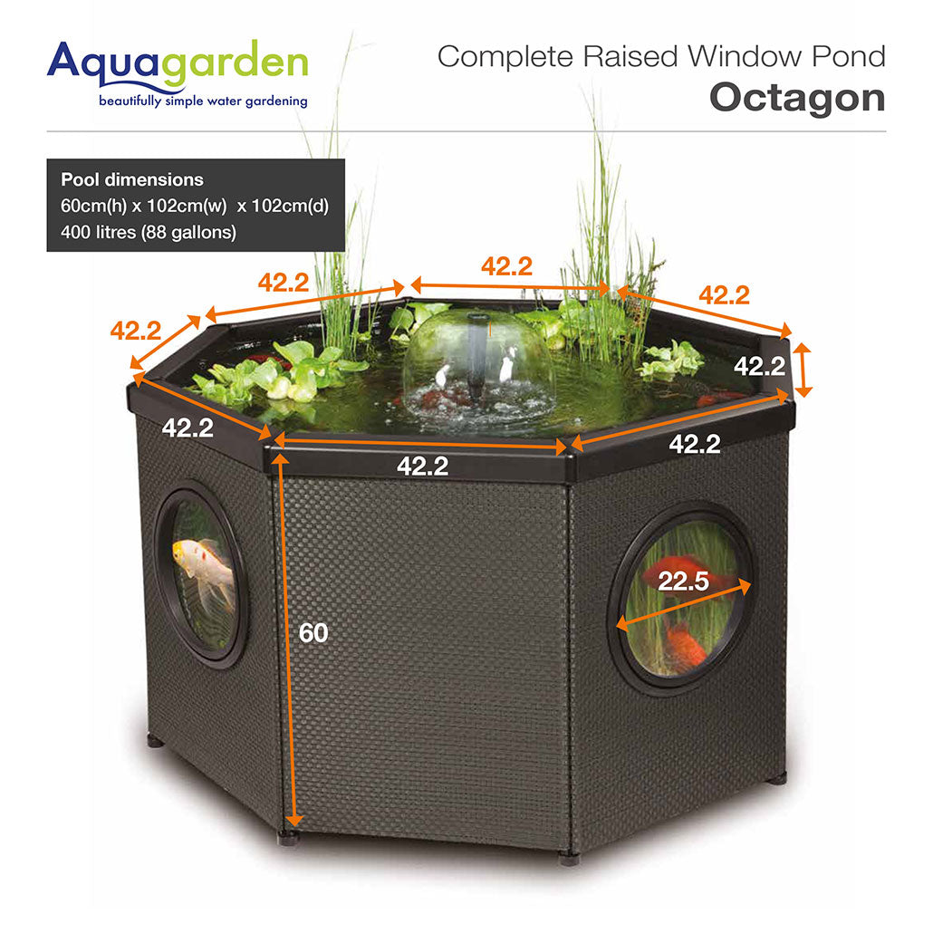 Raised Window Pond Octagon Mocha – Bassin surélevé octogonal avec fenêtres panoramiques pour terrasse et jardin