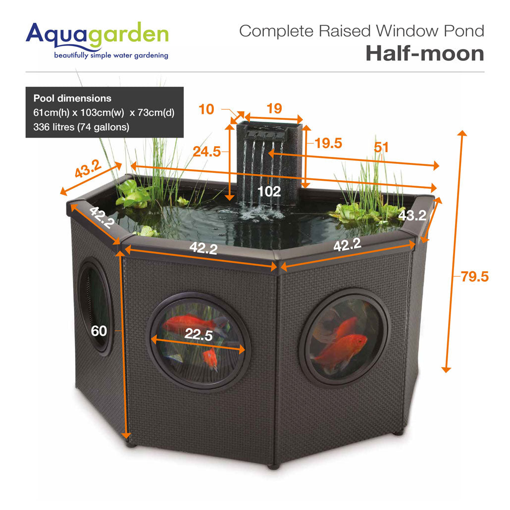 Raised Window Pond Halfmoon Mocha – Bassin surélevé avec fenêtres panoramiques pour terrasse et patio