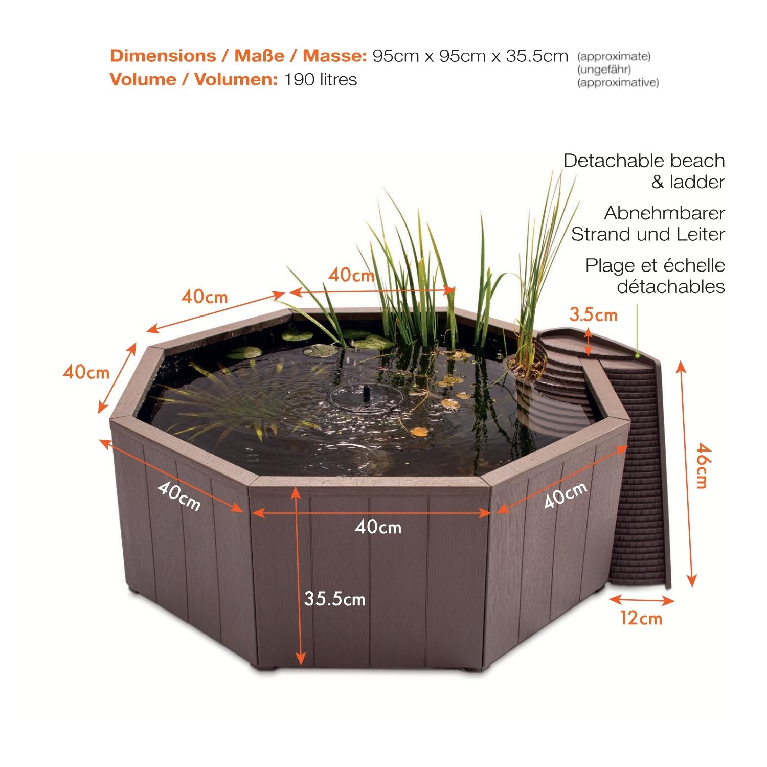 Bassin hors sol de 190L - Kit complet avec jet d'eau solaire & bac de plantes + échelle à grenouille - Aquigarden
