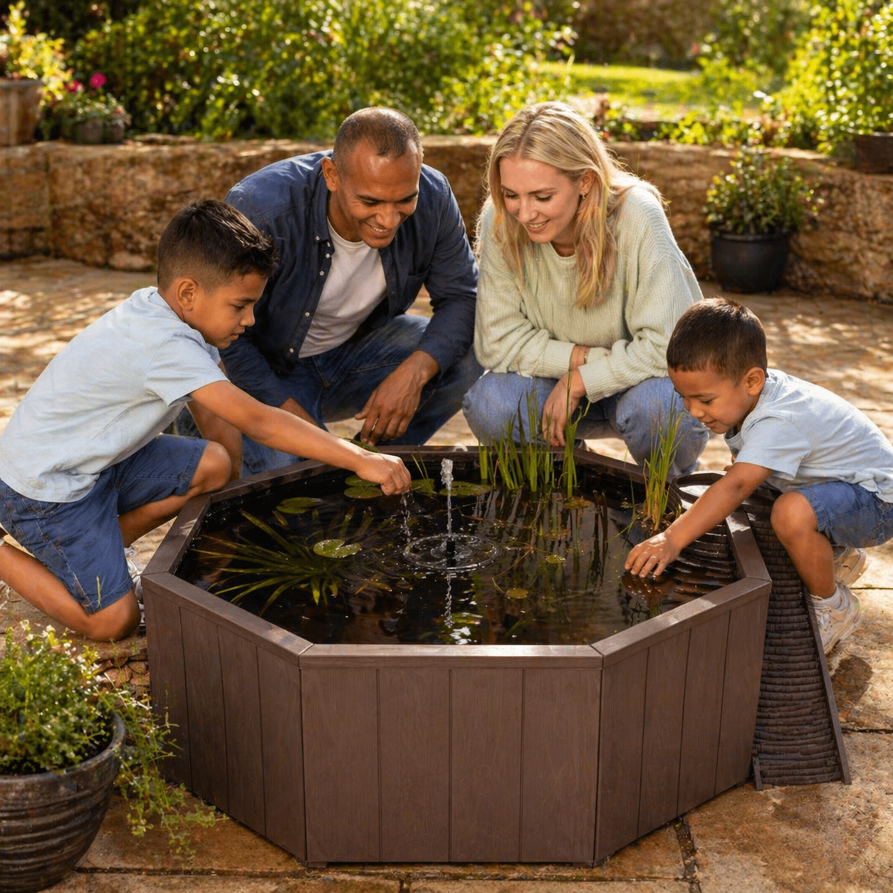 Bassin hors sol de 190L - Kit complet avec jet d'eau solaire & bac de plantes + échelle à grenouille - Aquigarden