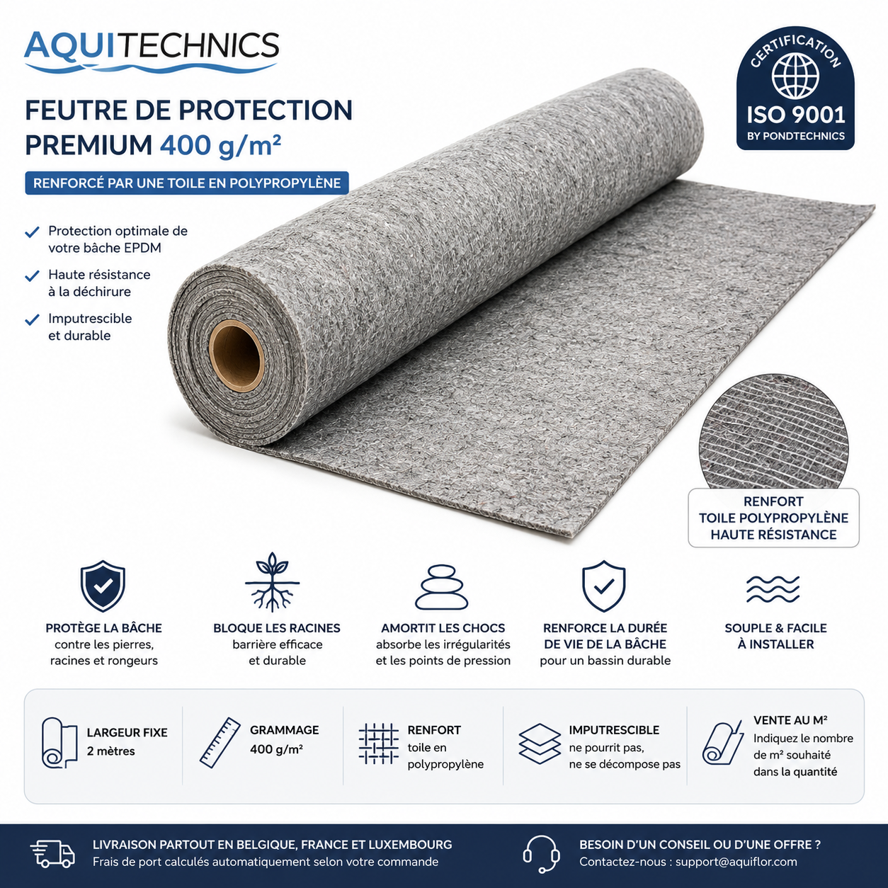Feutre Géotextile pour Étang & Bassin - Aquitechnics Premium 400G/M² (vendu par m²) - Feutre de protection pour étang (Feutrine pour bâche en EPDM ou en PVC) - Largeur 2M